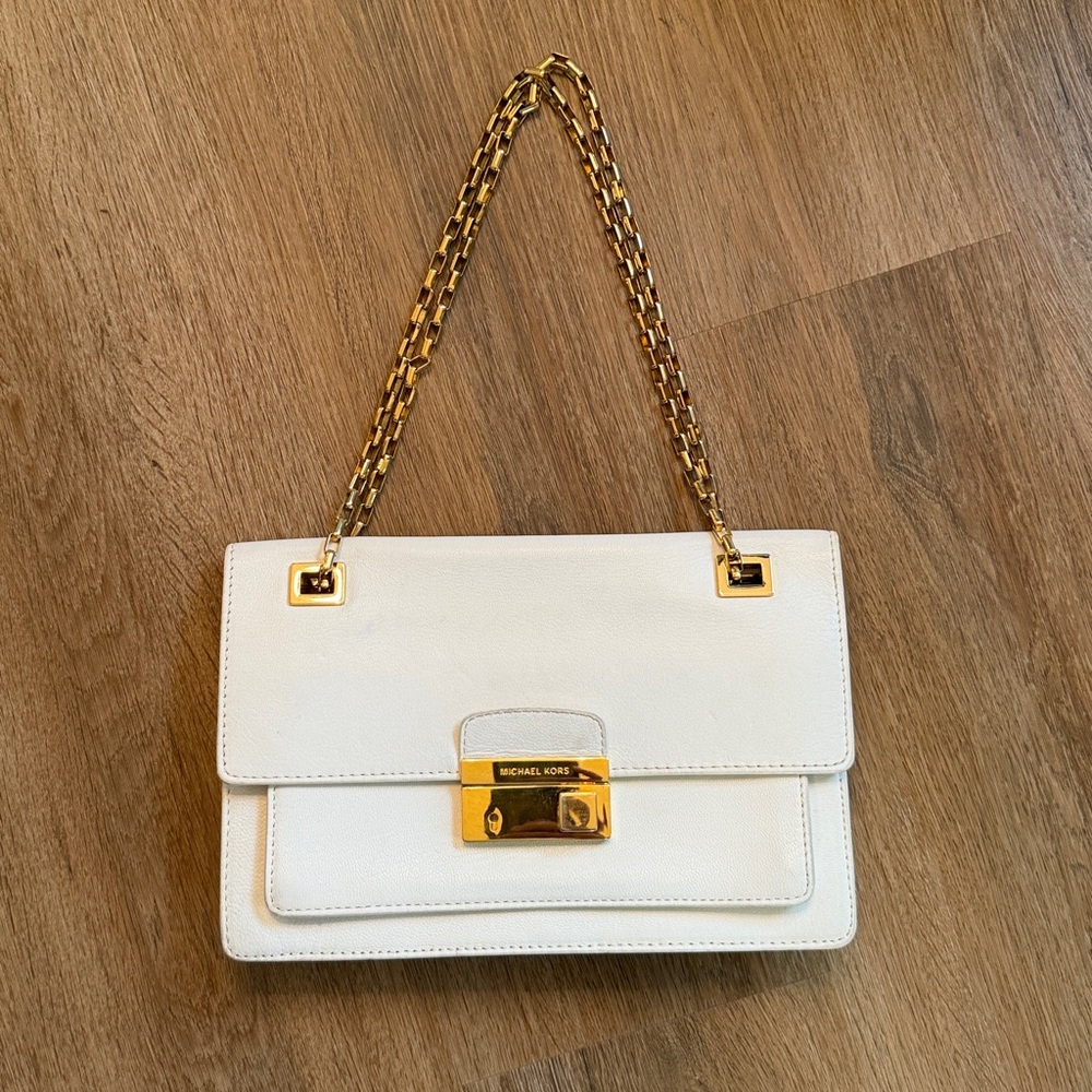 Michael Kors Collection White Leather and Gold Chain Handbag